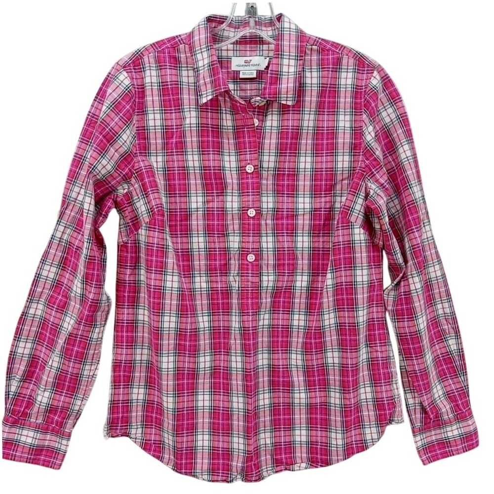Vineyard‎ Vines Plaid Popover Tunic Blouse Women's Size 6 Pink Plaid 1/2 Button